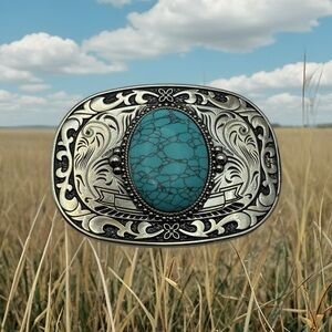 Western Style Belt Buckle Faux Turquoise Setting & Ornate Silver Color Metal